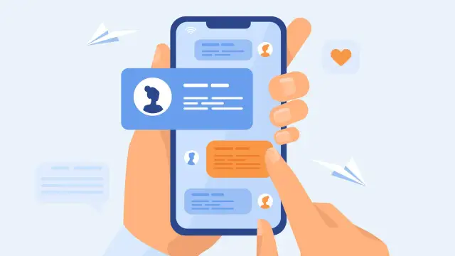 Dłonie trzymają telefon, na ekranie którego widać okna rozmów. To nowoczesne komunikatory na telefon, gdzie wiadomości lecą jak papierowe samoloty.
