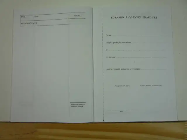 Formularz "Dziennik praktyki zawodowej jak wypełnić" zawiera sekcje na dane ucznia, przebieg praktyki i egzamin.