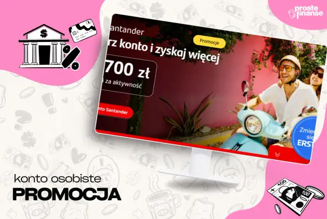 Grafika z bankiem, kartą, procentem i parą na skuterze. Promocja konta.