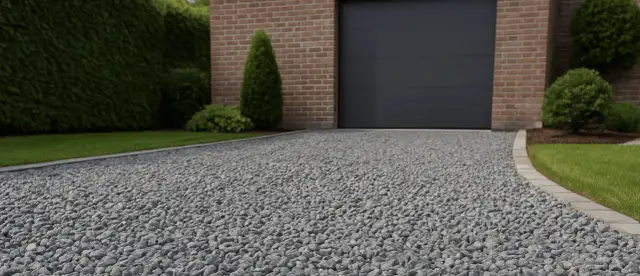 Szara, żwirowa nawierzchnia podjazdu przed garażem. Widać ceglaną ścianę, ciemną bramę garażową, żywopłot i trawnik.