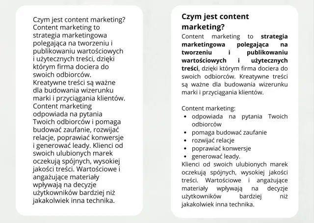 Dwa bloki tekstu o content marketingu, jeden z listą punktowaną.