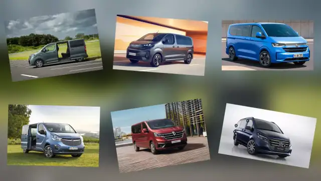 Kolaż zdjęć przedstawiający różne modele busów osobowych.