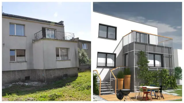 Dom kostka przed i po: szary, zaniedbany budynek zyskał nowoczesny wygląd z białym tynkiem, dużymi oknami i przestronnym tarasem.