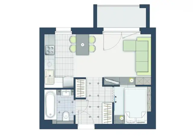 Projekt funkcjonalnego mieszkania 30m2: aneks kuchenny, salon z kanapą, sypialnia, łazienka z wanną i balkon.