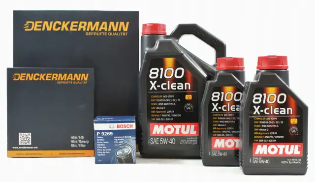 Zestaw produktów samochodowych: olej silnikowy Motul 8100 X-clean SAE 5W-40 i filtry Denckermann.