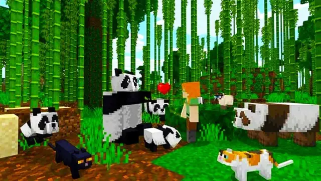 W bambusowym lesie Minecraft, Alex i pandy cieszą się wspólnym czasem. Dowiedz się, jak zainstalować mody do Minecraft, by dodać więcej zwierząt i przygód!