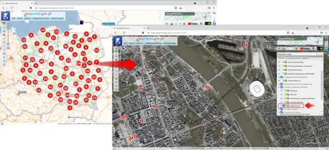 Mapa Polski z zaznaczonymi defibrylatorami AED. Czerwona strzałka wskazuje warstwę "Defibrylatory" w panelu mapy.