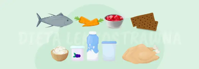 Grafika przedstawia rybę, marchewki, miskę z musem, wafle, jogurt, butelkę mleka i kurczaka.