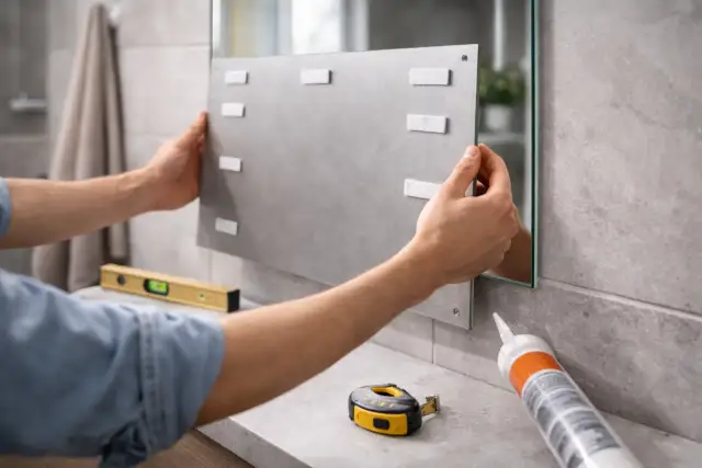 Ręce przyklejają lustro do płytek za pomocą taśmy. Obok poziomica, miarka i silikon.