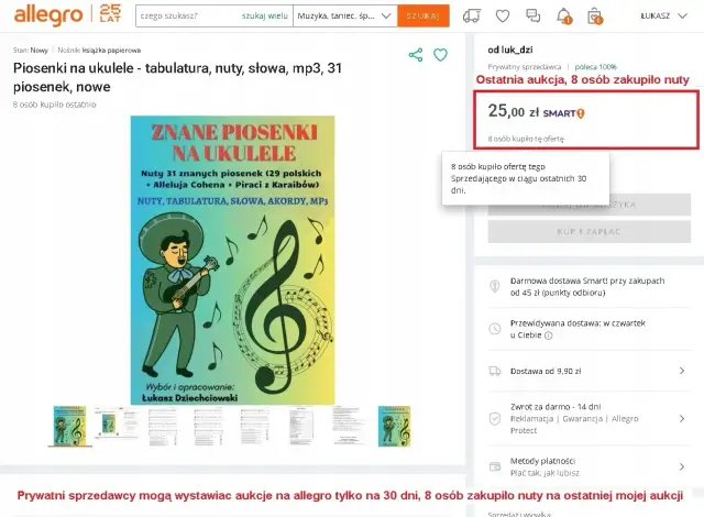 Książka z nutami, tabulaturą i akordami do 31 znanych piosenek na ukulele. Idealna dla początkujących i zaawansowanych graczy.