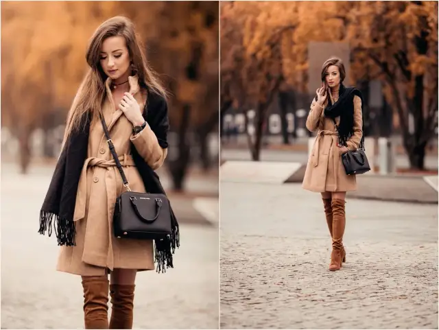 Karmelowe kozaki stylizacje: elegancki płaszcz, czarny szal i torebka tworzą jesienny look.