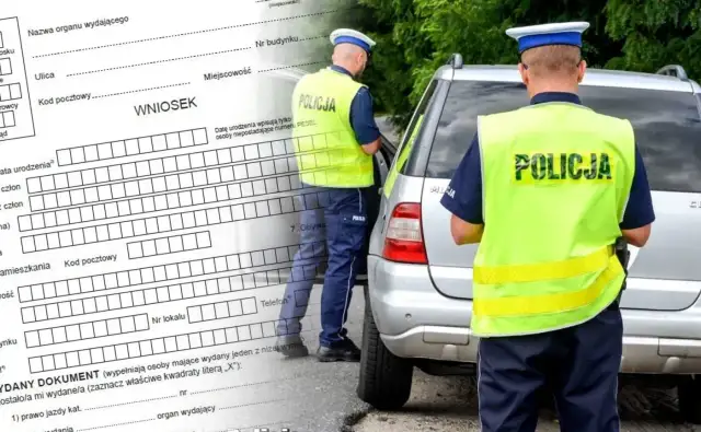 Policjanci w kamizelkach odblaskowych przy samochodzie, obok formularz wniosku. Może to oznaczać kary dla kierowców.