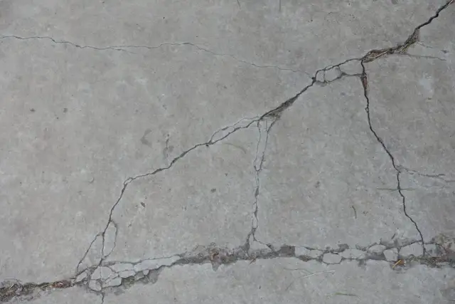 Popękany beton, jakby po długim okresie podlewania, z widocznymi szczelinami i drobnymi źdźbłami trawy.