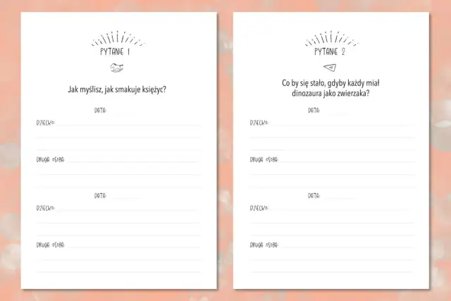 Zestaw pytań do rozmowy: "Jak smakuje księżyc?" i "Co by się stało, gdyby każdy miał dinozaura?". Idealne do wspólnego spędzania czasu.