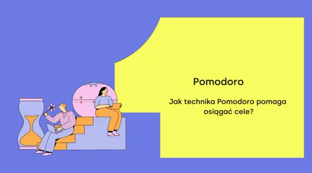 Ilustracja pokazuje, jak technika Pomodoro pomaga w produktywności. Dwie osoby pracują przy laptopach, obok klepsydra i minutnik.