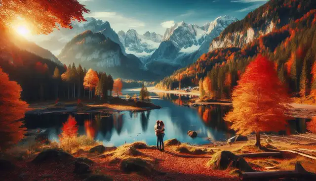 Para zakochanych podziwia jesienne barwy górskiego jeziora. Wiersz o kolorach jesieni.