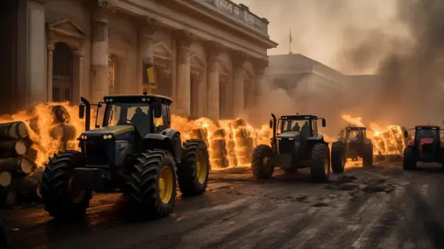 Protest rolników: płomienie i obornik na granicy budynków UE