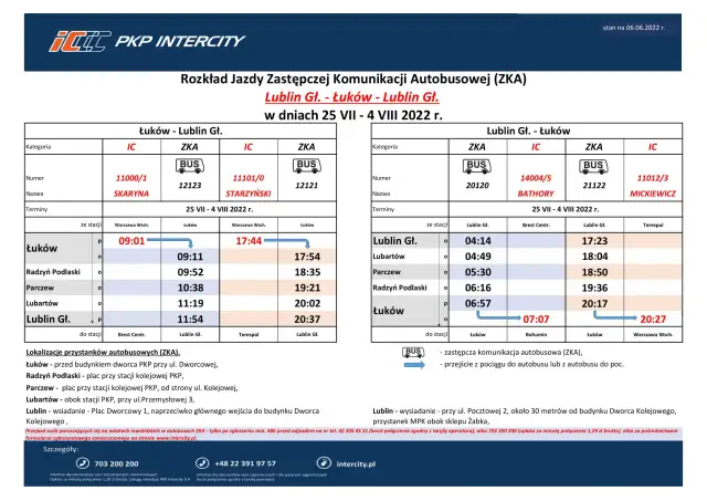 Rozkład jazdy PKP Intercity ZKA Lublin-Łuków i Łuków-Lublin. Komunikacja zastępcza między miastami.