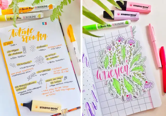 Dwa otwarte zeszyty z kolorowymi notatkami i rysunkami, pisakami i zakreślaczami.