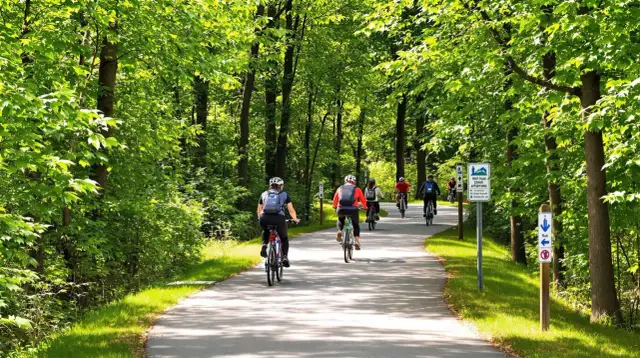 Grupa rowerzystów przemierza malownicze trasy rowerowe Trójmiasta, otoczona bujną zielenią.