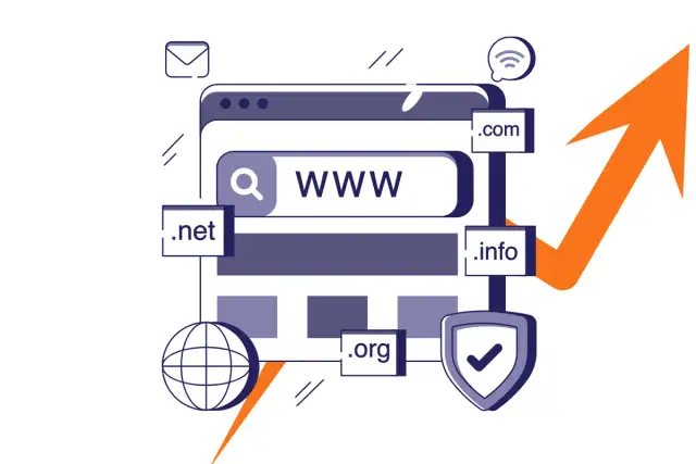 Ilustracja z ikonami domen, przeglądarką, globusem, tarczą i rosnącą strzałką.