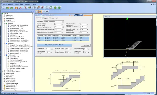 Zbrojenie schodów żelbetowych rysunki techniczne i model 3D. Program Konstruktor 5.0.