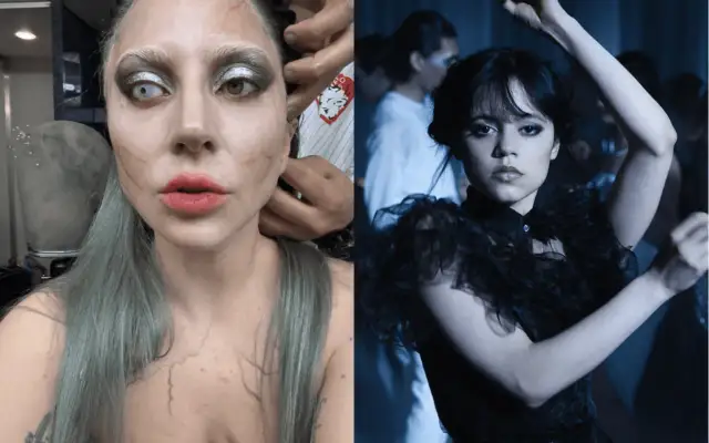 Lady Gaga w makijażu jak z "Wednesday" obok Jenny Ortega tańczącej w kultowej scenie.