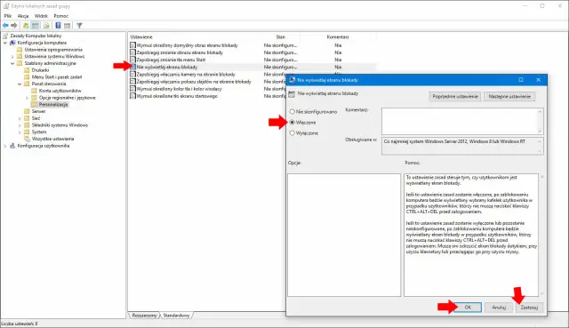 Edytor lokalnych zasad grupy: jak wyłączyć wygaszanie ekranu. Wybrano opcję "Włączone" dla zasady "Nie wyświetlaj ekranu blokady".