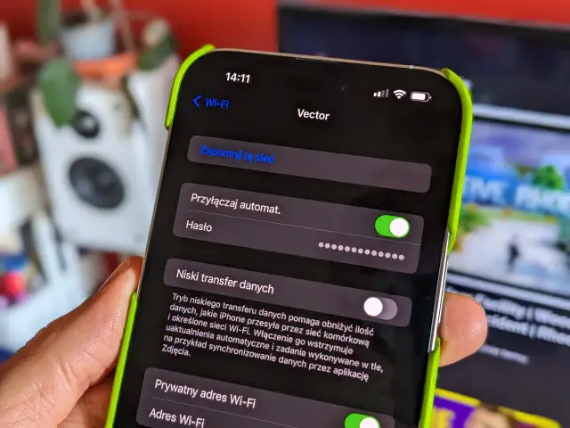 Jak udostępnić hasło do Wi-Fi na iPhonie? Widok ustawień sieci Wi-Fi, gdzie widać opcję "Hasło" i możliwość jego udostępnienia.