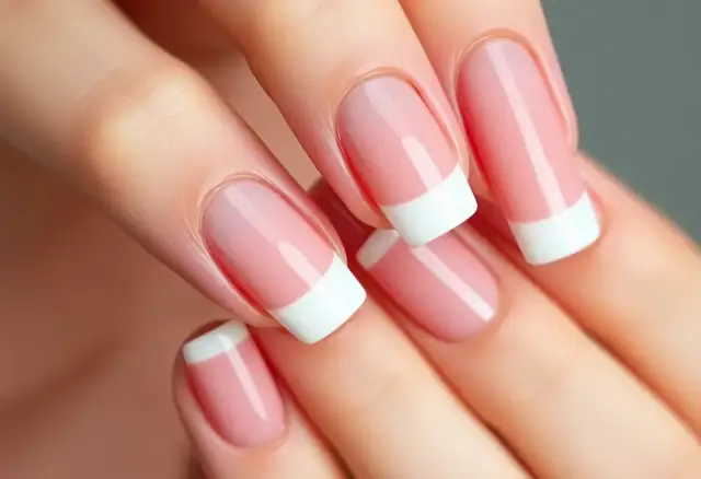 Dłonie z idealnym manicure french na beżu. Delikatny róż i biel podkreślają elegancję.