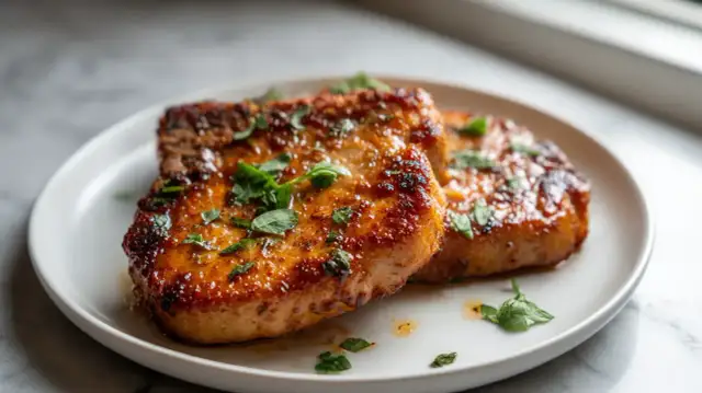Soczysty schab z airfryer, błyszczący od sosu i posypany świeżą natką pietruszki, prezentuje się apetycznie na białym talerzu.