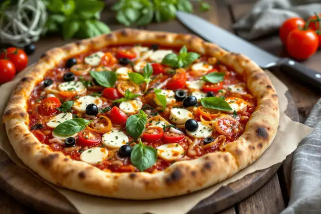 Pizza gourmande aux tomates cerises, mozzarella, olives noires et basilic frais.