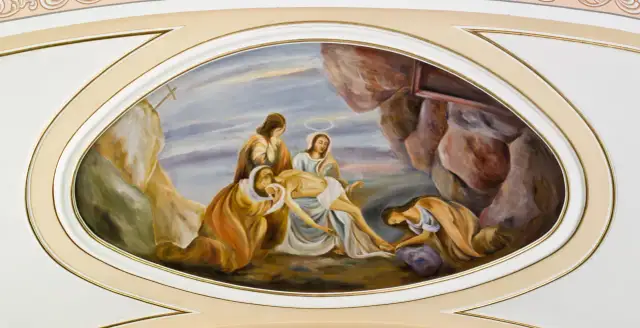 Obraz przedstawia scenę biblijną z postaciami w owalnej ramie, ozdobionej złotymi i beżowymi elementami.