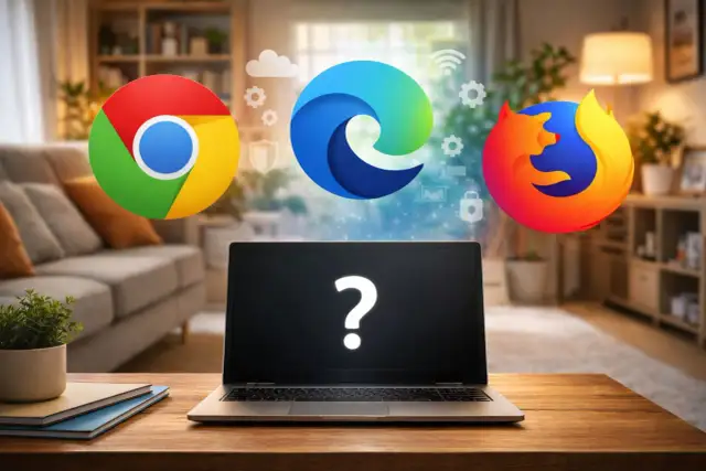 Loga przeglądarek Chrome, Edge i Firefox nad laptopem z pytajnikiem na ekranie.