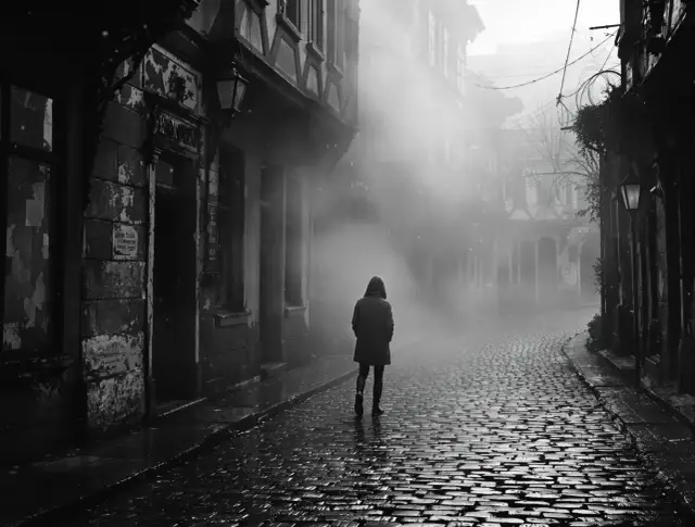 fotografia czarno biała. Postać w kapturze idzie brukowaną uliczką we mgle.