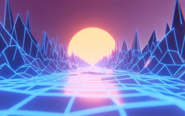 Neonowe góry i droga z siatki, jak wygaszacze ekranu Windows 10. Zachodzące słońce w tle.