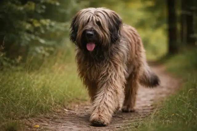 Wesoły owczarek francuski briard z długą, brązową sierścią spaceruje leśną ścieżką, z językiem na wierzchu.