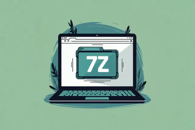 Ilustracja laptopa z ikoną folderu 7z na ekranie. Dowiedz się, jak otworzyć plik 7z.