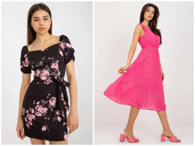 Dwie kobiety w sukienkach: jedna czarna w różowe róże, druga fuksjowa plisowana.