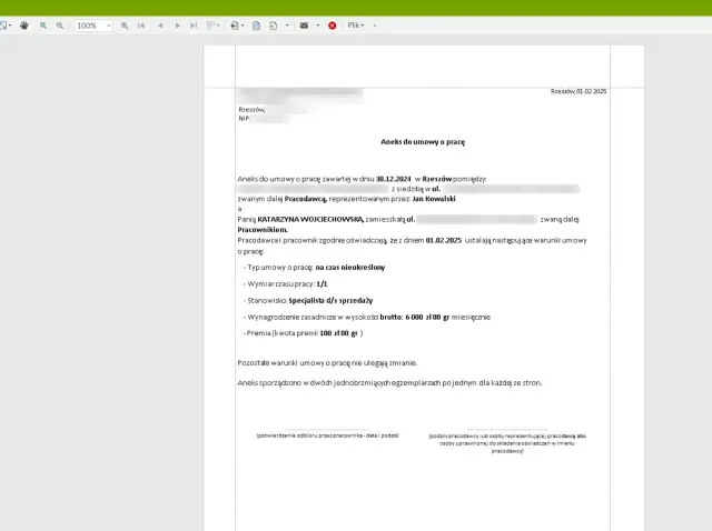 Aneks do umowy o pracę z dnia 01.02.2025 r. dla Pani Katarzyny Wojciechowskiej, ustalający warunki zatrudnienia na stanowisku specjalisty d/s sprzedaży.