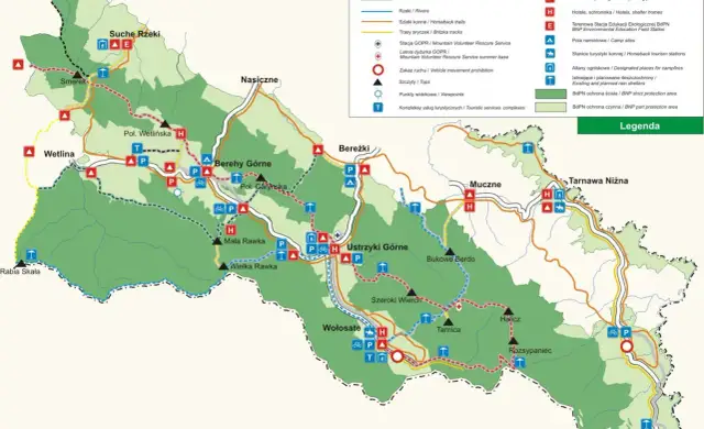 Mapa Bieszczadów z zaznaczonymi szlakami, schroniskami i punktami widokowymi. Widać tu m.in. Wetlinę, Ustrzyki Górne i Tarnicę.
