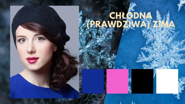 Chłodna zima kolory: młoda kobieta w czarnym beretcie i niebieskiej bluzce, obok płatki śniegu i paleta barw: granat, róż, czerń, biel.