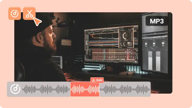 Mężczyzna w studiu nagraniowym, edytujący ścieżkę dźwiękową na komputerze.