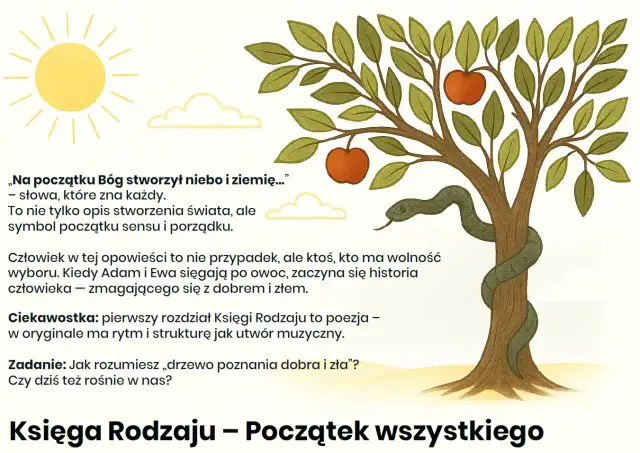 Ilustracja do opracowania "Księga Rodzaju – Początek wszystkiego". Drzewo z wężem i jabłkami, słońce, chmurki.