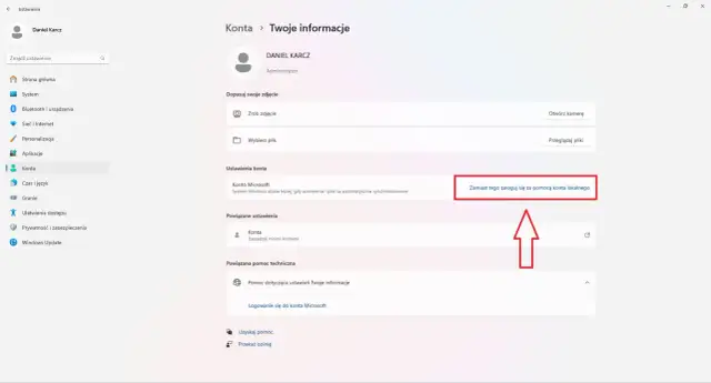 Ustawienia konta Windows 11: opcja "Zamiast tego zaloguj się za pomocą konta lokalnego" pozwala na zmianę sposobu logowania.