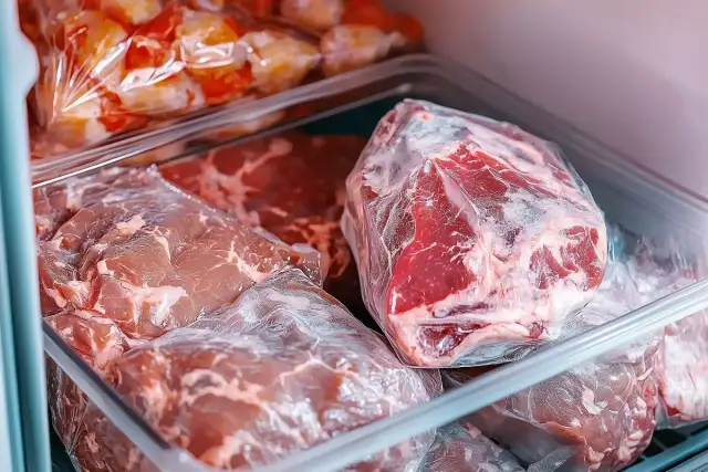 Surowa wołowina i inne mięsa zapakowane próżniowo w zamrażarce.