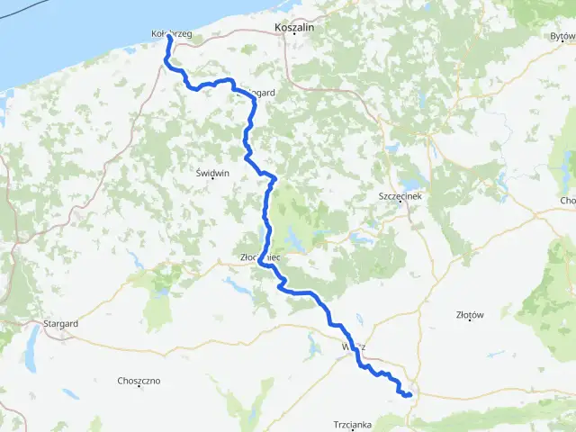 Mapa z zaznaczoną trasą rowerową od Kołobrzegu przez Złocieniec do Wałcza.