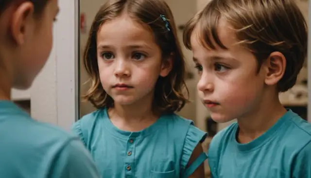 Dzieci patrzą w lustro, zastanawiając się, dlaczego dziecko nie powinno patrzeć w lustro.