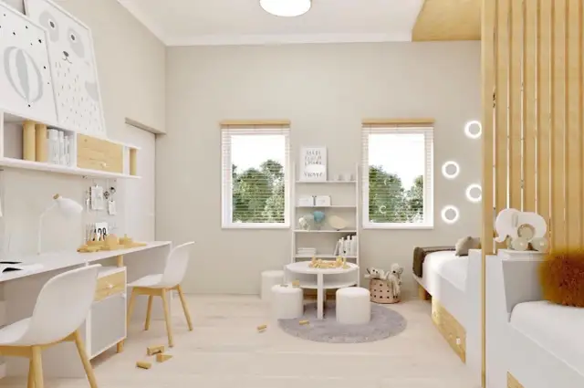 Jasny, przytulny pokój dla dwóch dziewczynek. Dwa biurka, łóżko, stolik do zabawy i mnóstwo miejsca na kreatywne pomysły.