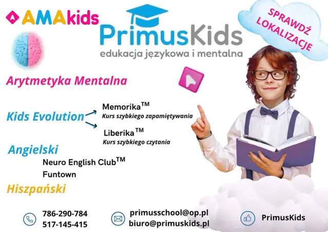 Chłopiec z książką, logo PrimusKids, kursy językowe i arytmetyka mentalna. Sprawdź lokalizacje!